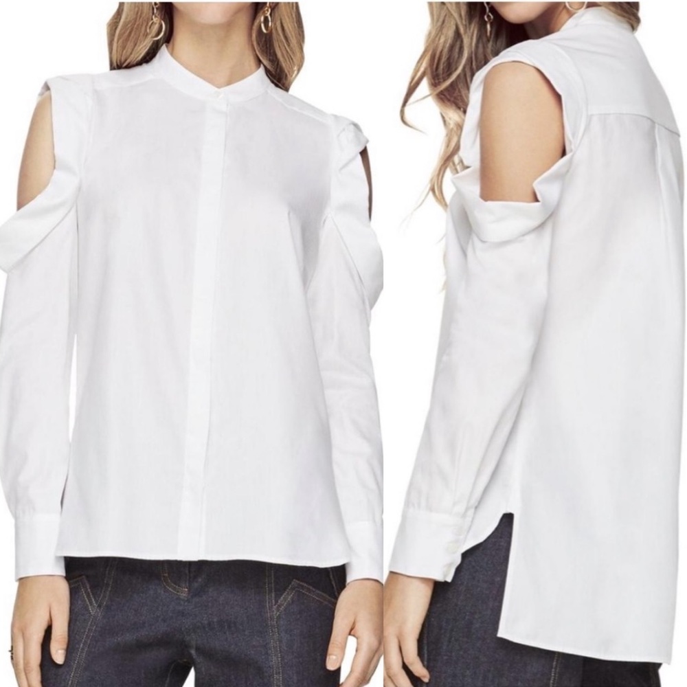 BCBG MaxAzria Nishani Cold Shoulder Bib Collar Button Down Long Sleeve Shirt - Picture 2 of 13